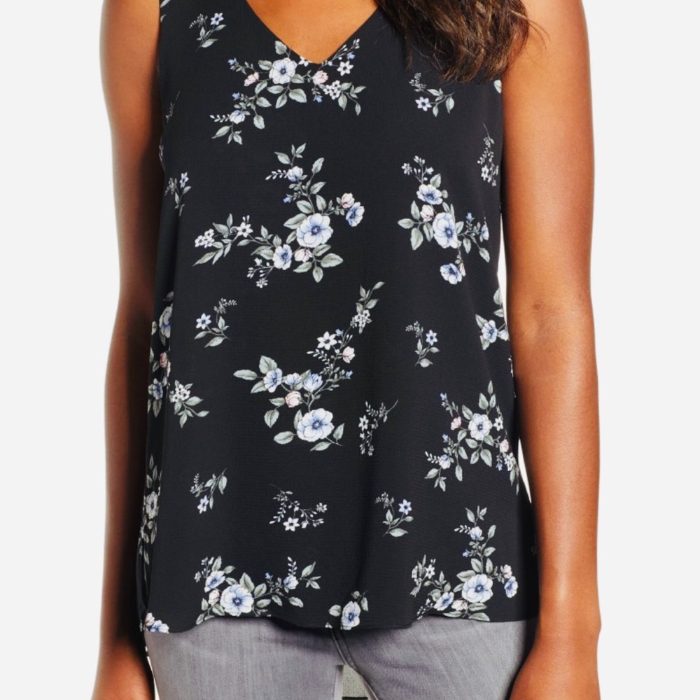 Gibson Floral V-Neck Shell Tank Top in Black Floral